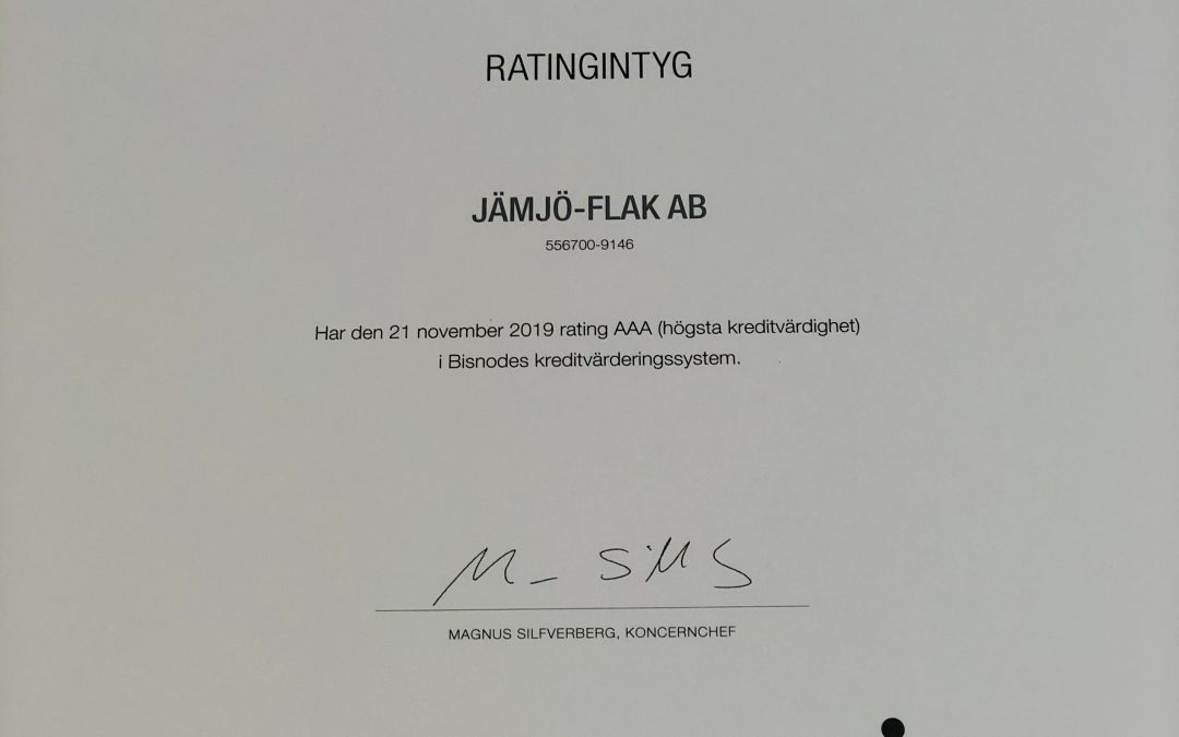 Även i år är vi stolta att få mottaga detta intyg på vår kreditvärdighet !